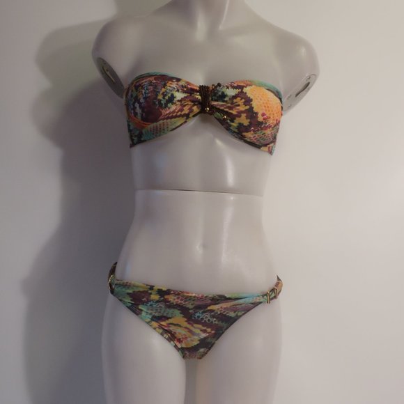 Womens Pilyq Multicolor Python Print 2 Pc Set Bandeau Bikini S * - Picture 1 of 8